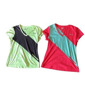 Bundle of 2 FILA Performance Sport Short Sleeve V-Neck Tops Womens Sz M  #86M